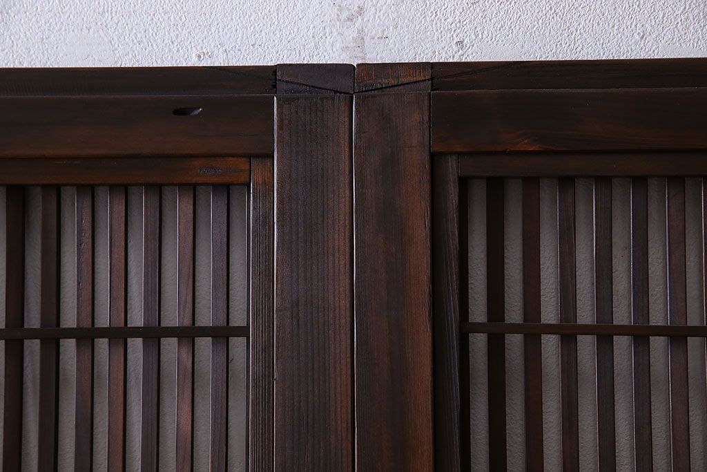 和製アンティーク　腰板ケヤキ材　上質で美しい造りの裏障子付き帯格子戸(引き戸、建具)4枚セット