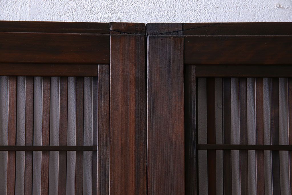和製アンティーク　腰板ケヤキ材　上質で美しい造りの裏障子付き帯格子戸(引き戸、建具)4枚セット