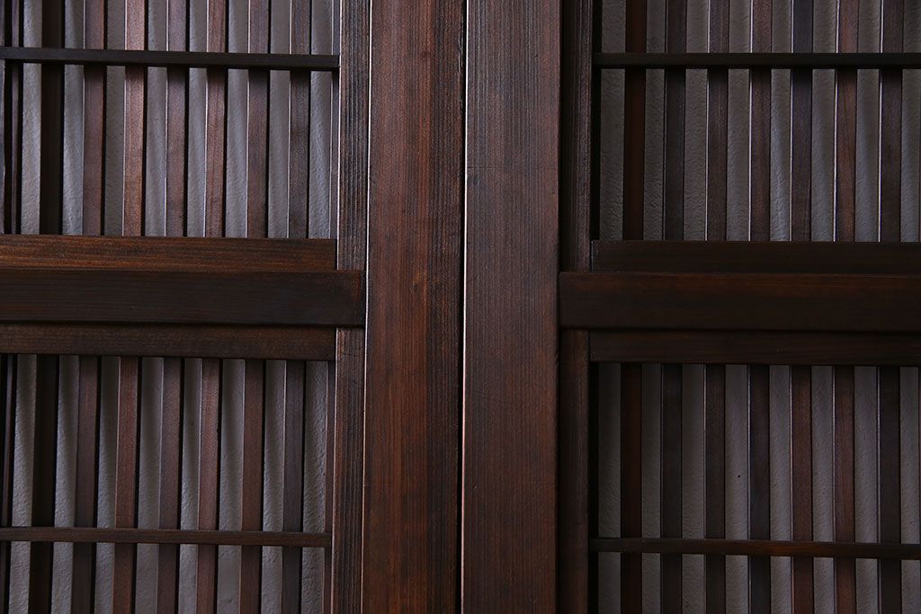 和製アンティーク　腰板ケヤキ材　上質で美しい造りの裏障子付き帯格子戸(引き戸、建具)4枚セット
