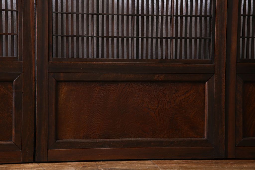 和製アンティーク　腰板ケヤキ材　上質で美しい造りの裏障子付き帯格子戸(引き戸、建具)4枚セット