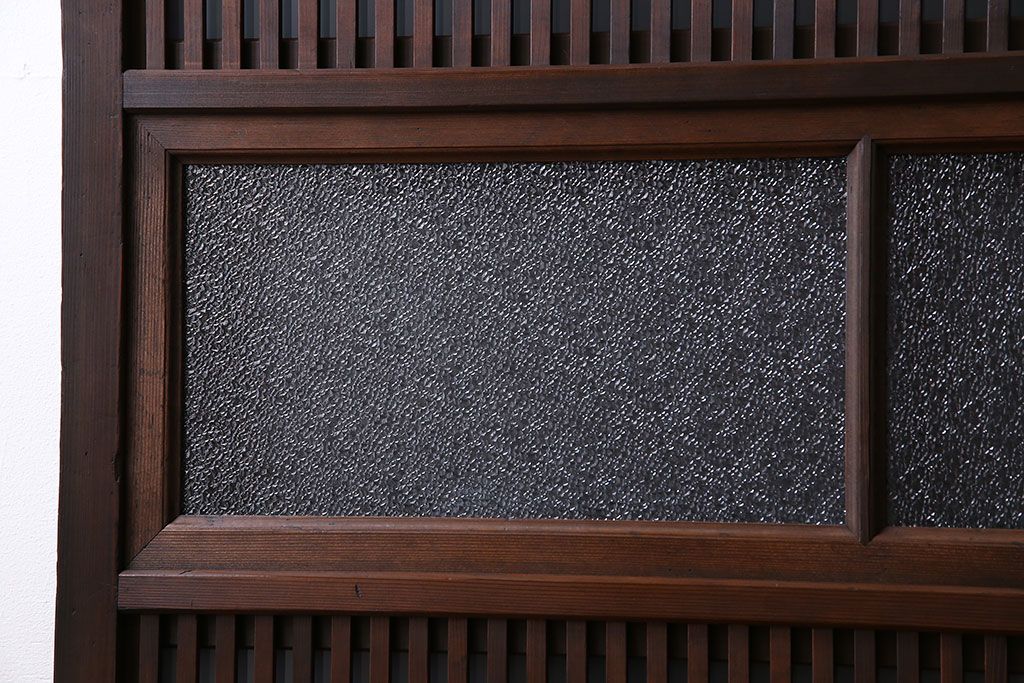 和製アンティーク　裏ガラス入り　ケヤキ材の木目が印象的な帯格子戸(引き戸、建具)3枚組