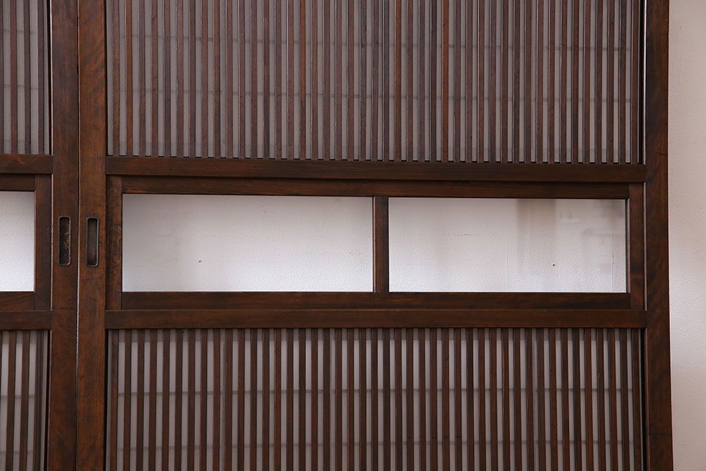 和製アンティーク　腰板ケヤキ材　和モダンな裏障子付きの帯格子戸(引き戸、建具)2枚組