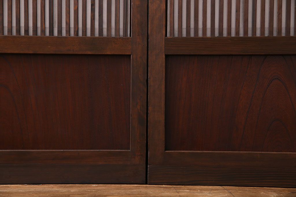 和製アンティーク　腰板ケヤキ材　和モダンな裏障子付きの帯格子戸(引き戸、建具)2枚組