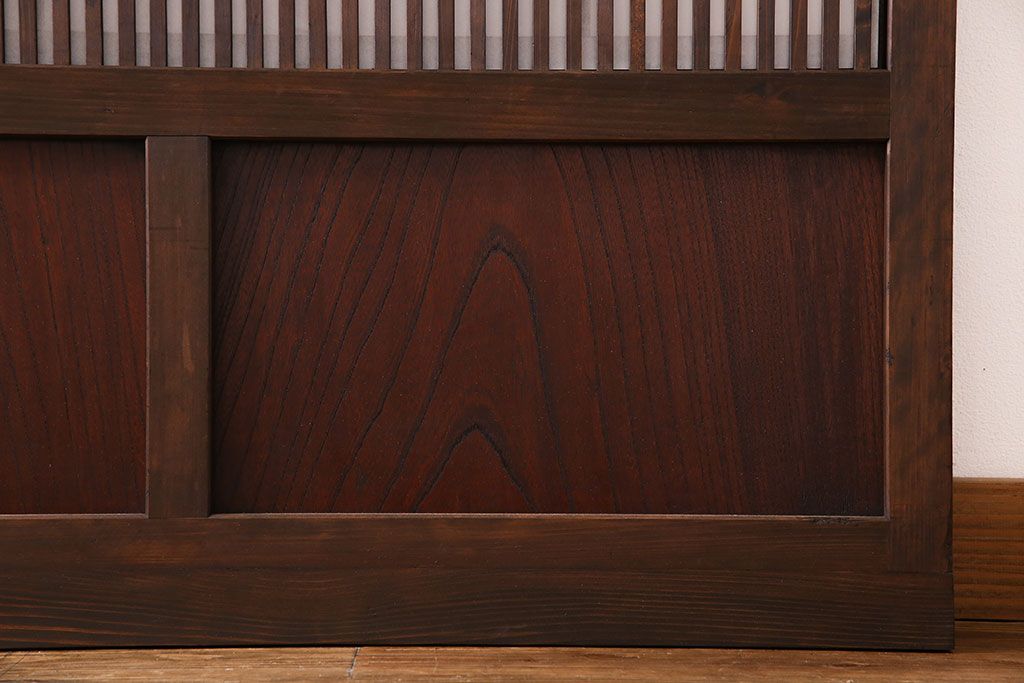 和製アンティーク　腰板ケヤキ材　和モダンな裏障子付きの帯格子戸(引き戸、建具)2枚組