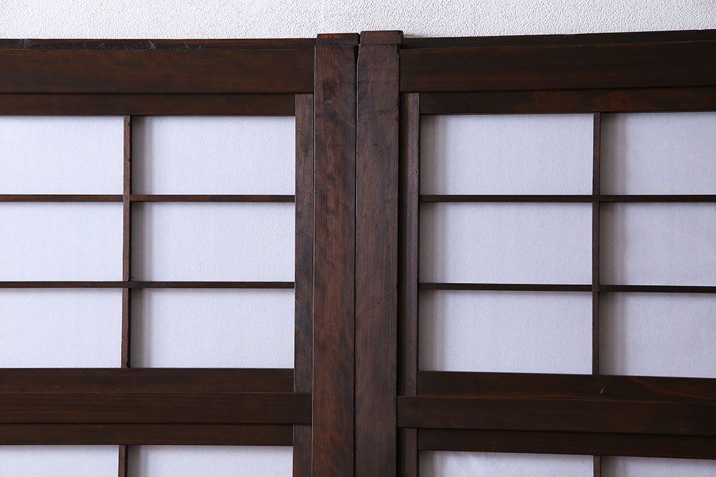 和製アンティーク　腰板ケヤキ材　和モダンな裏障子付きの帯格子戸(引き戸、建具)2枚組