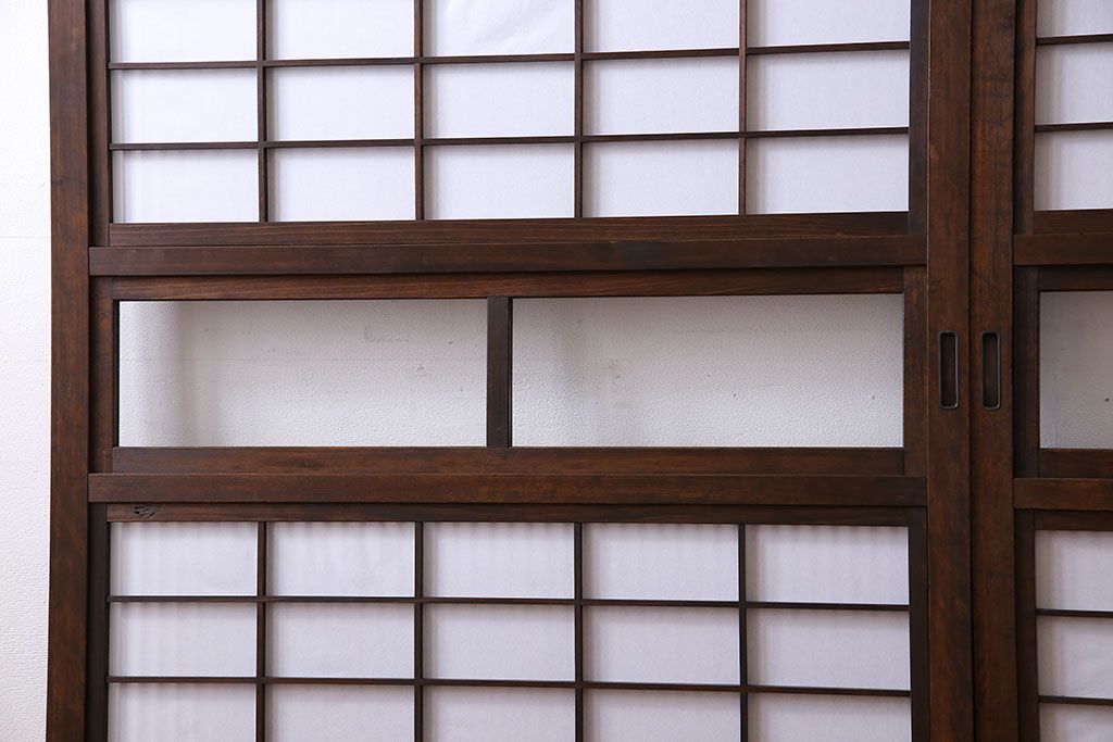 和製アンティーク　腰板ケヤキ材　和モダンな裏障子付きの帯格子戸(引き戸、建具)2枚組