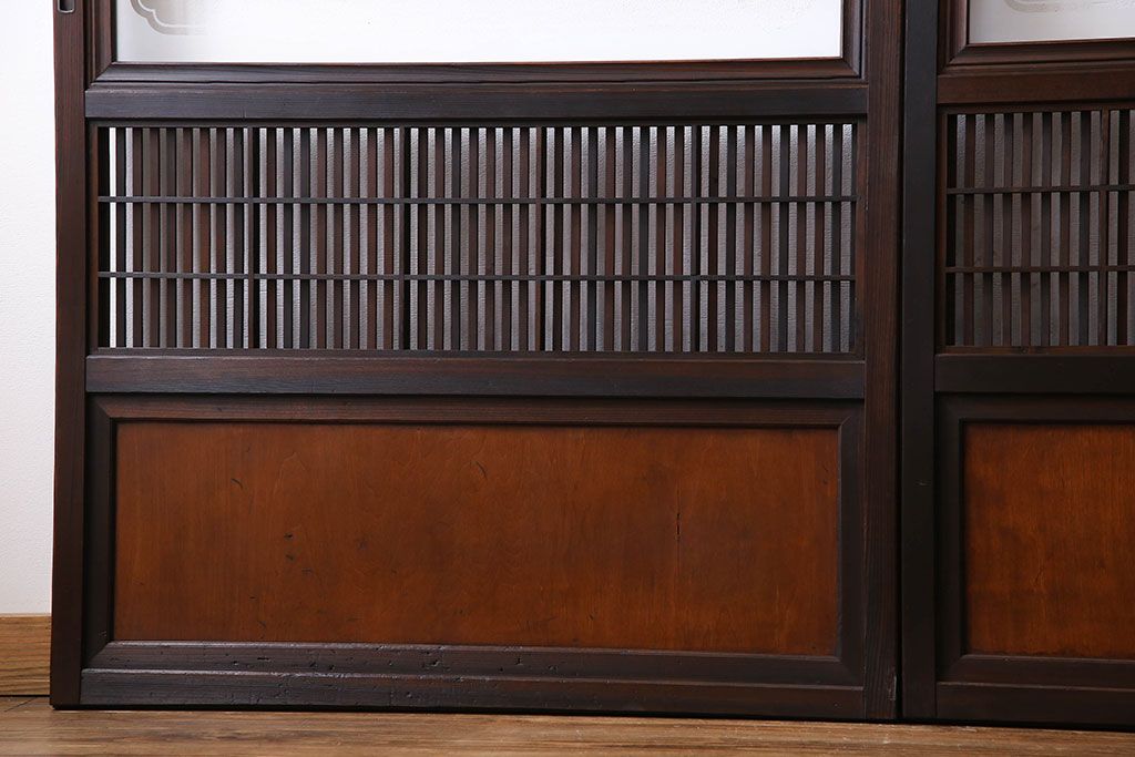 和製アンティーク　裏障子付き　縦桟が美しい和モダンな帯格子戸(引き戸、建具)4枚組
