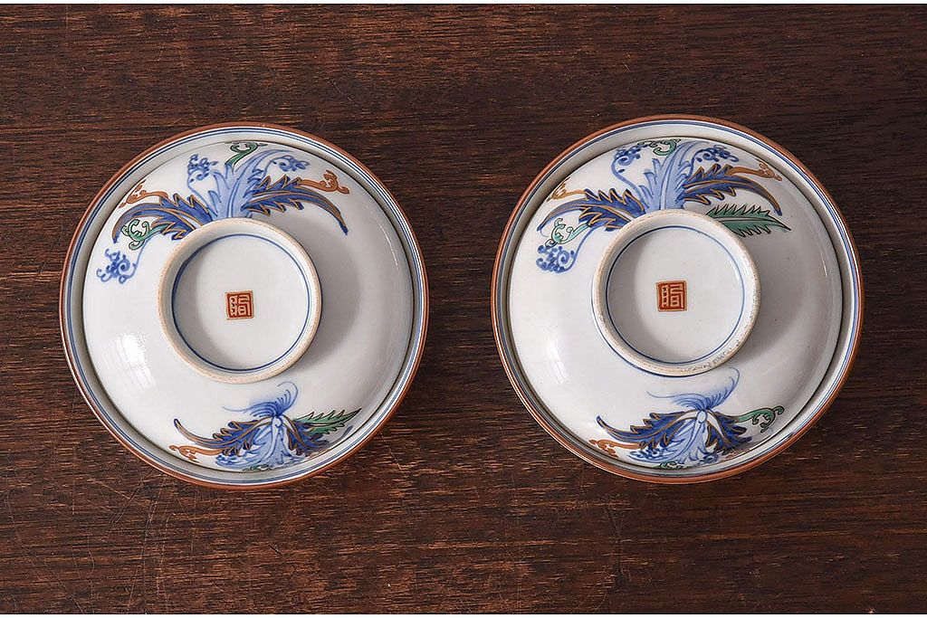 アンティーク雑貨　和製アンティーク　色絵　蓋付き茶碗2客セット(2)