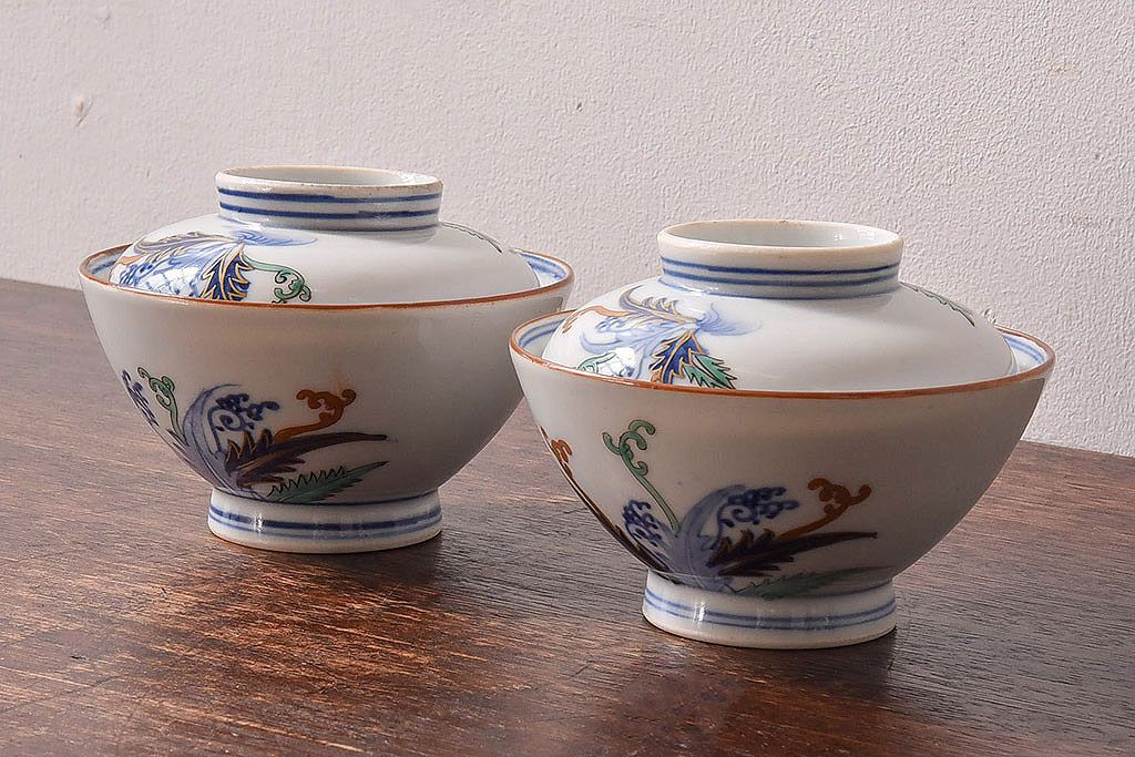 アンティーク雑貨　和製アンティーク　色絵　蓋付き茶碗2客セット(3)