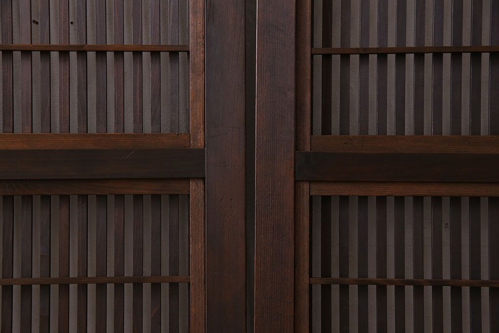 昭和期　腰板ケヤキ材　裏障子付き　上品な雰囲気漂うガラス帯格子戸(引き戸、建具)2枚セット(2)