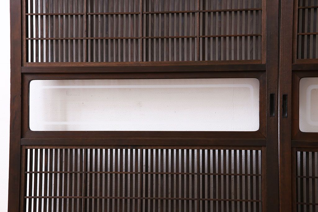 昭和期　腰板ケヤキ材　裏障子付き　上品な雰囲気漂うガラス帯格子戸(引き戸、建具)2枚セット(2)