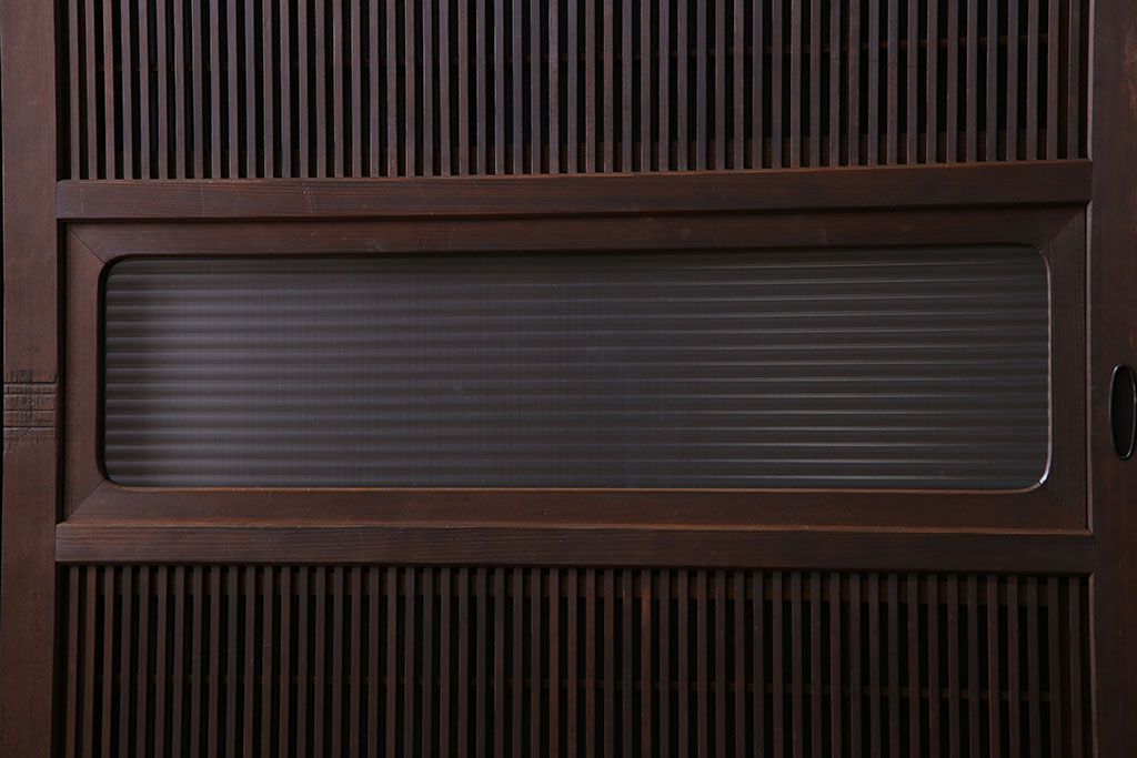 和製アンティーク　腰板ケヤキ材　細かな桟が美しい上質な裏障子付き格子戸(引き戸、建具)4枚セット