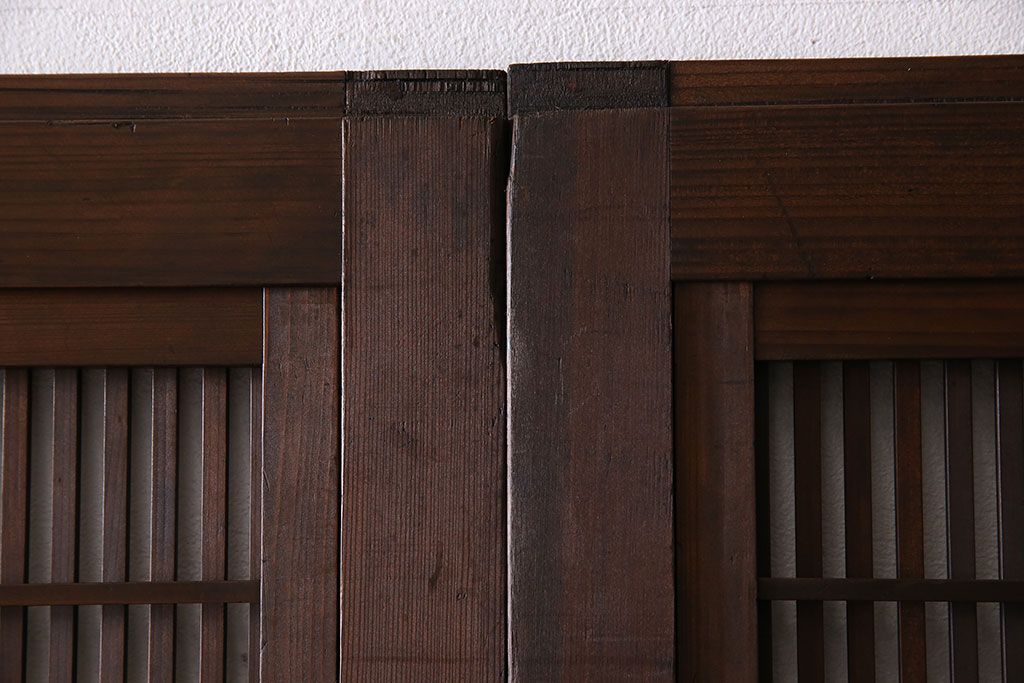 和製アンティーク　腰板ケヤキ材　細かな桟が美しい上質な裏障子付き格子戸(引き戸、建具)4枚セット
