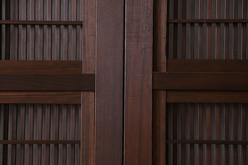 和製アンティーク　腰板ケヤキ材　細かな桟が美しい上質な裏障子付き格子戸(引き戸、建具)4枚セット