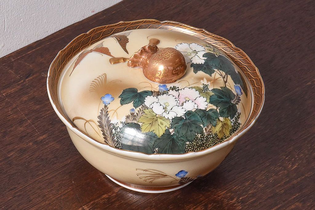 アンティーク雑貨　古民具・骨董　明治期　久谷色絵　金彩　華やかな蓋付き菓子鉢