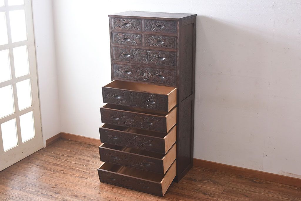 中古　伝統工芸　軽井沢彫り　牡丹の図柄が上品な縦型チェスト(和タンス、引き出し)