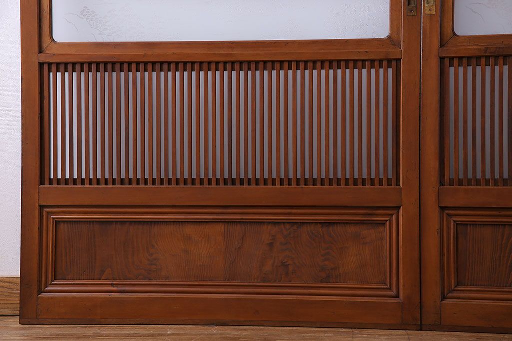 和製アンティーク　明るい木肌が印象的な裏ガラス入り格子戸(引き戸、建具)2枚セット