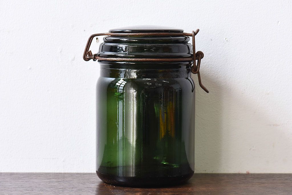 アンティーク雑貨　フランスアンティーク　DURFOR(ダルフール)　緑のガラスビン(保存瓶、ジャー)