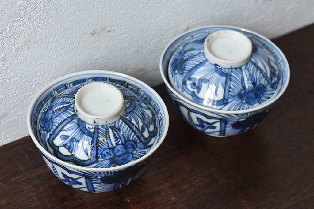 江戸時代後期　伊万里焼　染付　蓋茶碗2客セット(1)