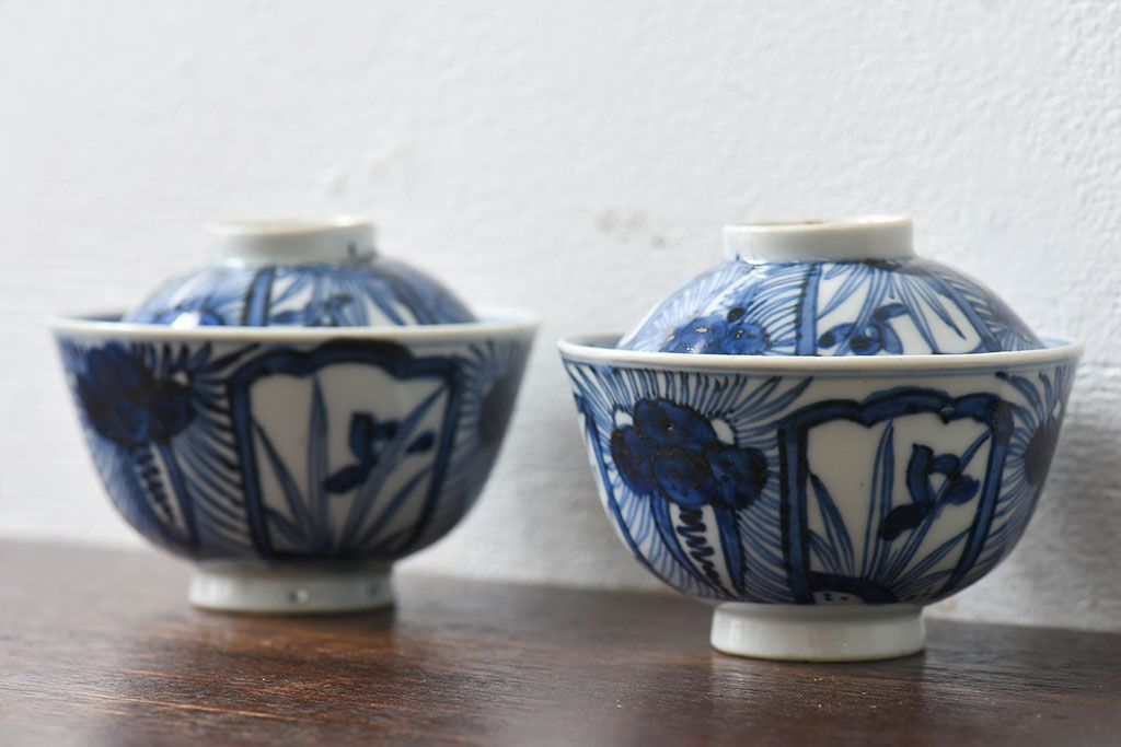 江戸時代後期　伊万里焼　染付　蓋茶碗2客セット(1)