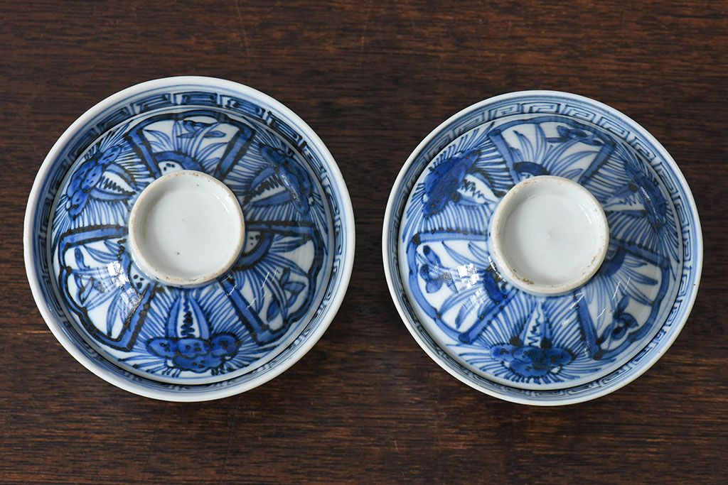 江戸時代後期　伊万里焼　染付　蓋茶碗2客セット(1)