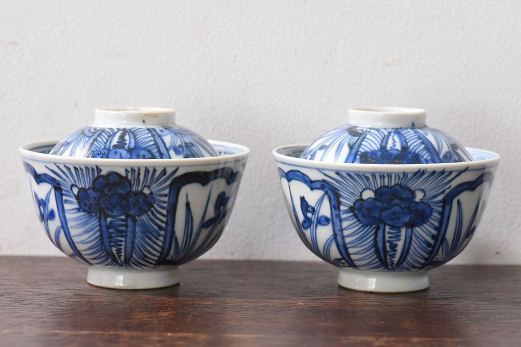 江戸時代後期　伊万里焼　染付　蓋茶碗2客セット(3)