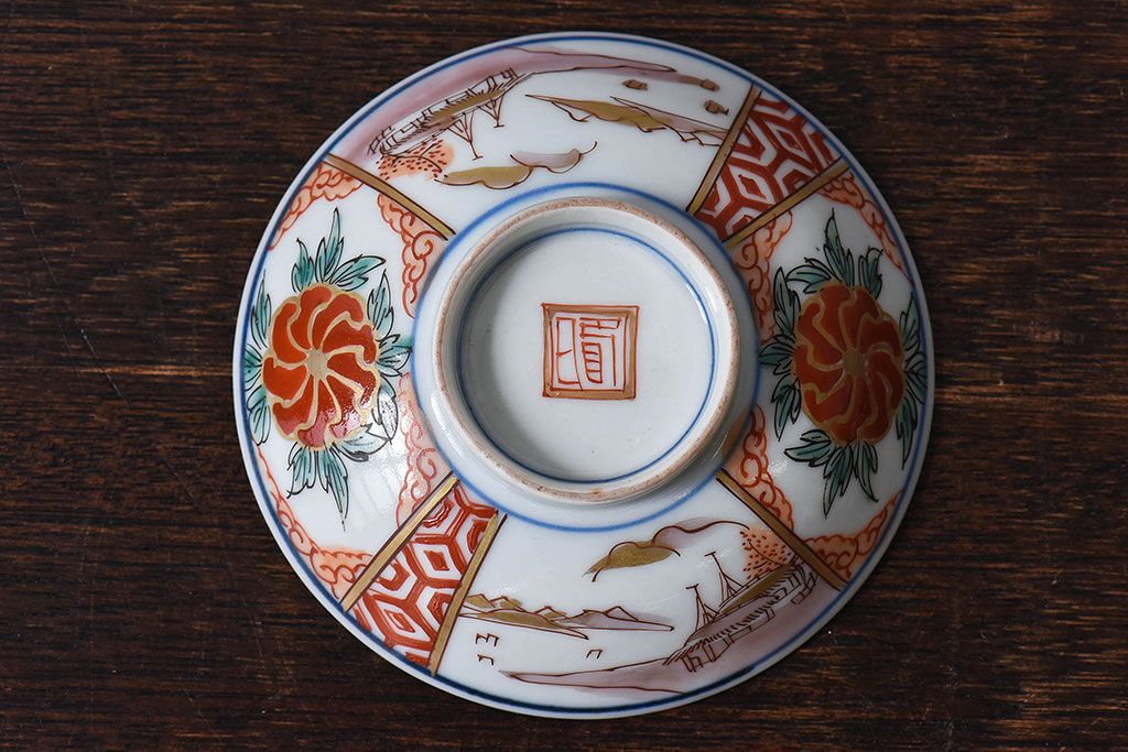 古民具・骨董　江戸期　華やかな古伊万里色絵染付　蓋つき茶碗2客セット(1)