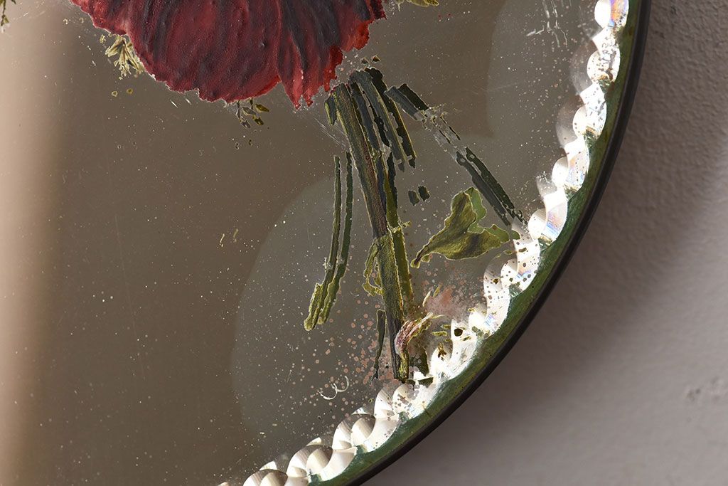 アンティーク雑貨　イギリスアンティーク　花のペイントが愛らしいミラー(鏡)