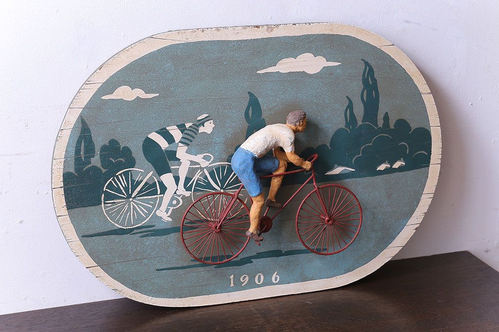 アンティーク雑貨　ビンテージ　自転車モチーフのアンティーク木製看板
