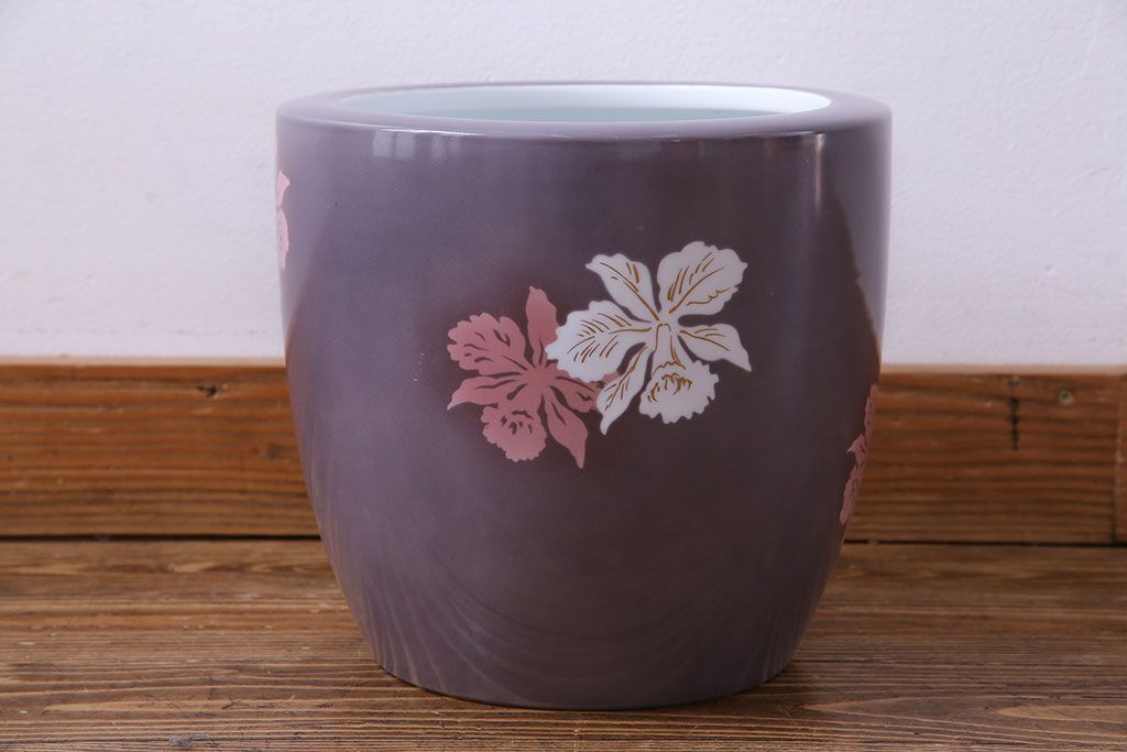 アンティーク雑貨　ノリタケ・則武(日陶)　減紫色　上品な花柄が魅力の火鉢(手あぶり、鉢カバー、傘立て)