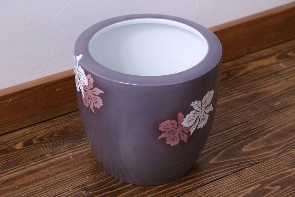アンティーク雑貨　ノリタケ・則武(日陶)　減紫色　上品な花柄が魅力の火鉢(手あぶり、鉢カバー、傘立て)