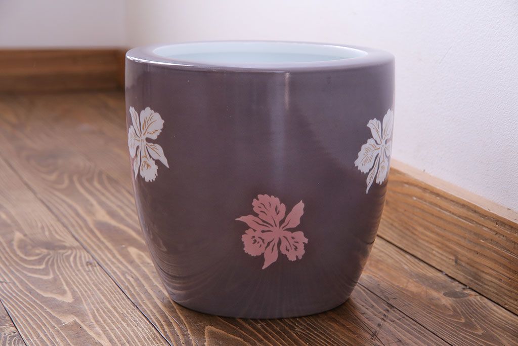 アンティーク雑貨　ノリタケ・則武(日陶)　減紫色　上品な花柄が魅力の火鉢(手あぶり、鉢カバー、傘立て)