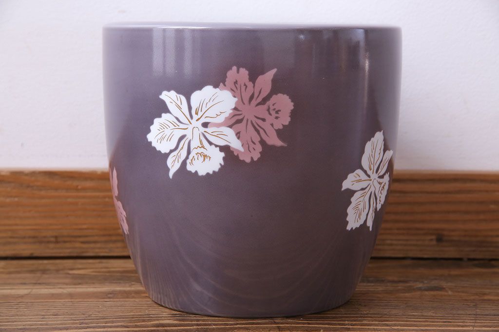 アンティーク雑貨　ノリタケ・則武(日陶)　減紫色　上品な花柄が魅力の火鉢(手あぶり、鉢カバー、傘立て)