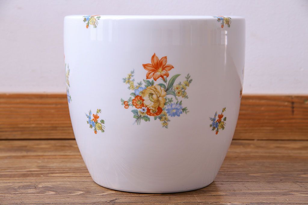 アンティーク雑貨　オールドノリタケ(日陶)　色絵　草花　上品な雰囲気漂う壱型火鉢(手あぶり、鉢カバー、傘立て)(1)