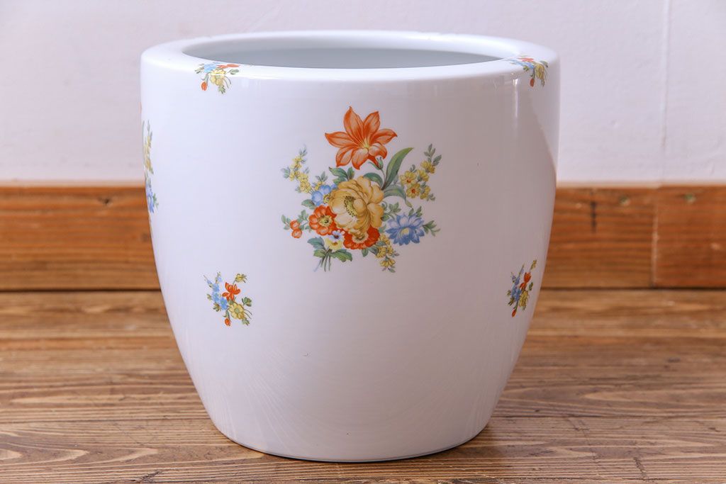 アンティーク雑貨　オールドノリタケ(日陶)　色絵　草花　上品な雰囲気漂う壱型火鉢(手あぶり、鉢カバー、傘立て)(2)