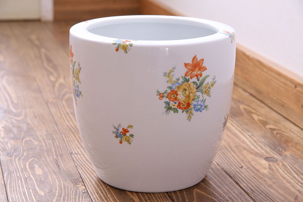 アンティーク雑貨　オールドノリタケ(日陶)　色絵　草花　上品な雰囲気漂う壱型火鉢(手あぶり、鉢カバー、傘立て)(2)