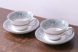 アンティーク雑貨　【T様ご成約】中古　イギリスWedgwood(ウェッジウッド)　FLORENTINE(フロレンティーン)　ターコイズ　カップ&ソーサー2客セット