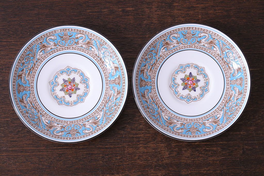 アンティーク雑貨　【T様ご成約】中古　イギリスWedgwood(ウェッジウッド)　FLORENTINE(フロレンティーン)　ターコイズ　カップ&ソーサー2客セット