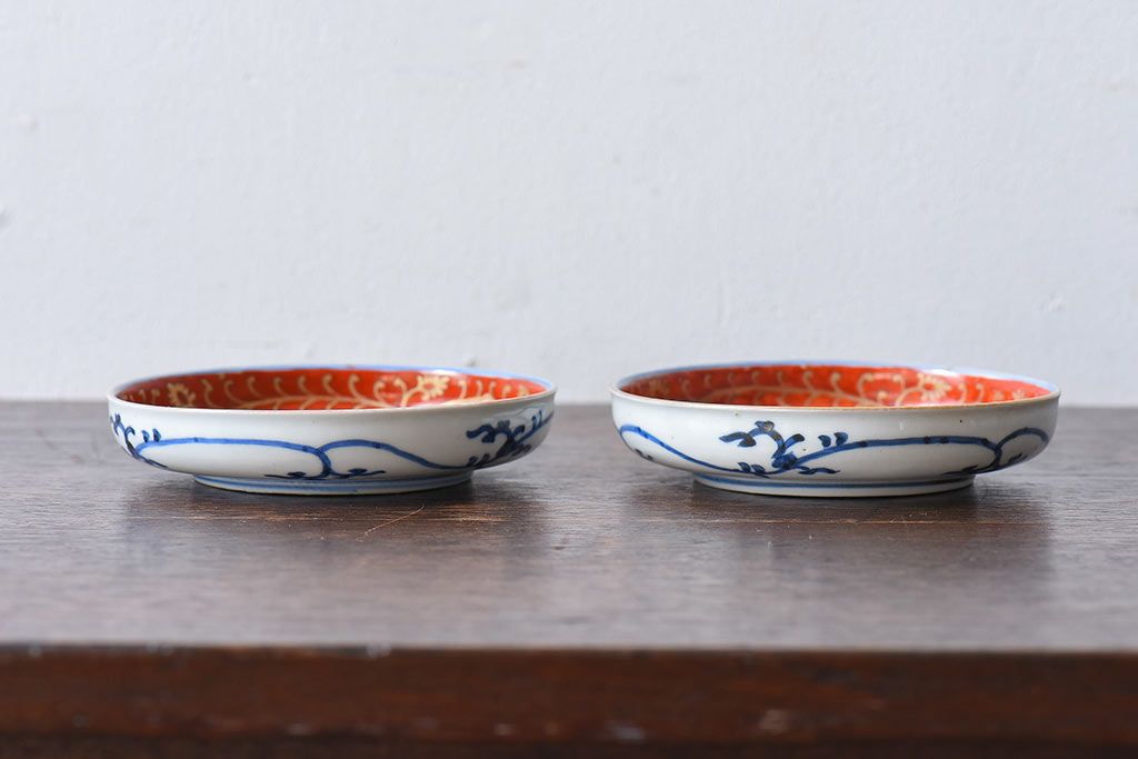 アンティーク雑貨　江戸期　古伊万里　赤絵染付小皿(和食器)2枚セット(2)