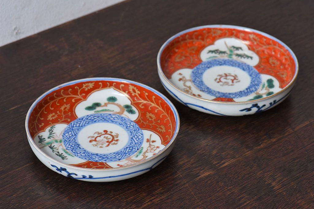 アンティーク雑貨　江戸期　古伊万里　赤絵染付小皿(和食器)2枚セット(2)