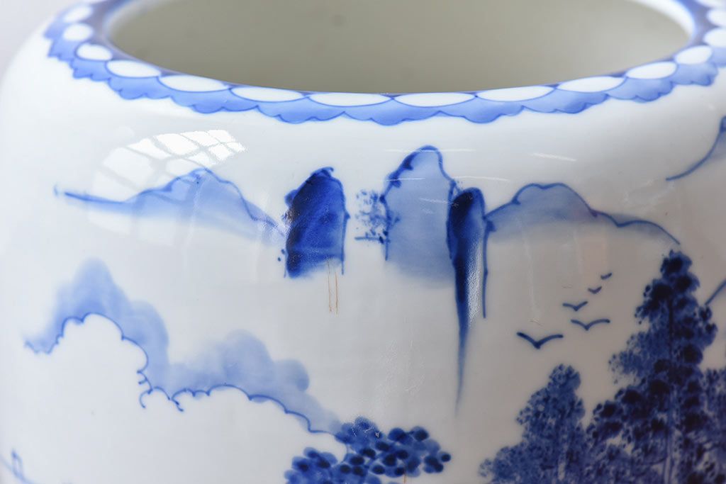 アンティーク雑貨　昭和期　山水図　藍色の濃淡が美しい瀬戸火鉢(鉢カバー)(2)
