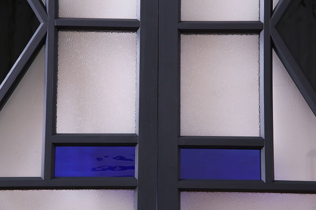 和製アンティーク　シックな雰囲気が漂うペイントガラス引き戸(ガラス戸、建具)2枚セット