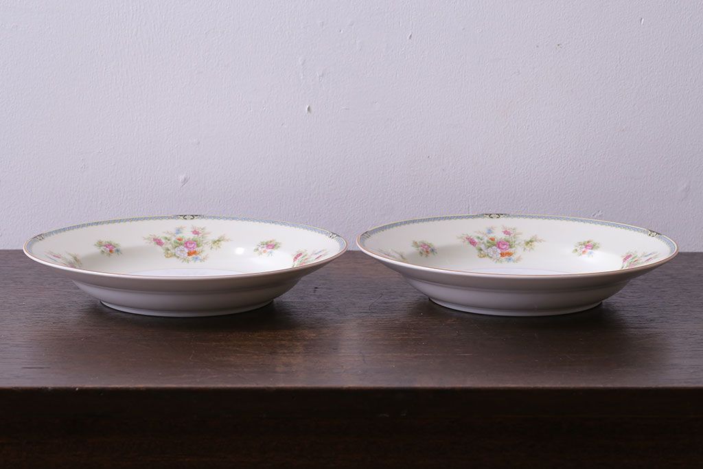 アンティーク雑貨　中古　ノリタケ(Noritake、則武)　可憐な花柄が魅力のスープ皿(洋食器)2枚セット(1)