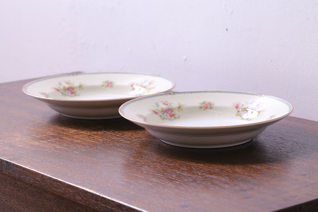 アンティーク雑貨　中古　ノリタケ(Noritake、則武)　可憐な花柄が魅力のスープ皿(洋食器)2枚セット(1)