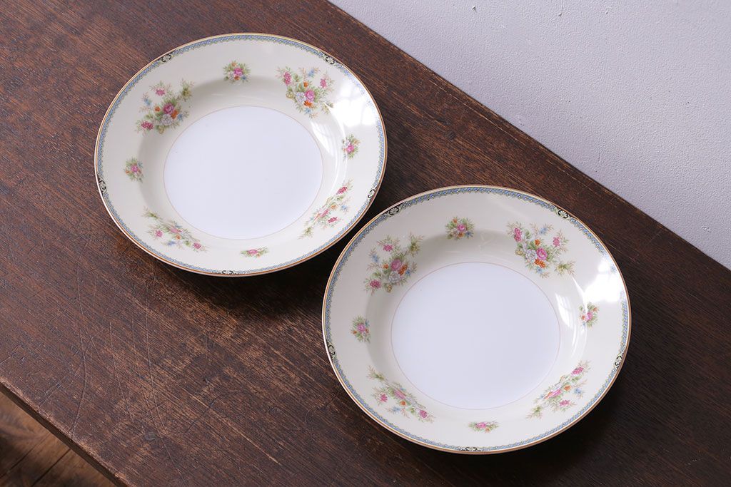 アンティーク雑貨　中古　ノリタケ(Noritake、則武)　可憐な花柄が魅力のスープ皿(洋食器)2枚セット(1)