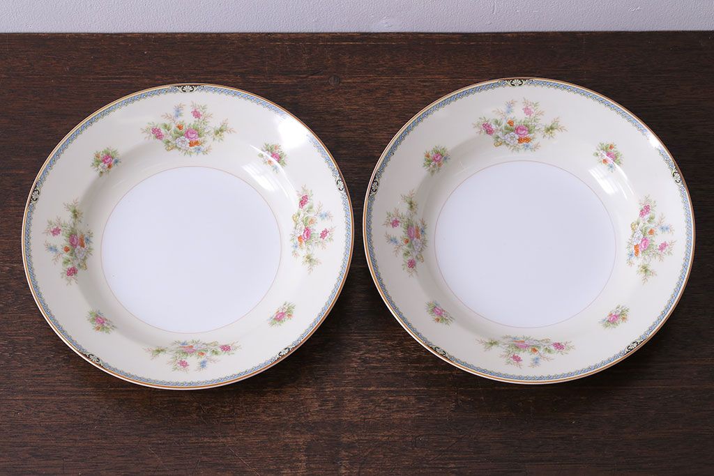 アンティーク雑貨　中古　ノリタケ(Noritake、則武)　可憐な花柄が魅力のスープ皿(洋食器)2枚セット(1)