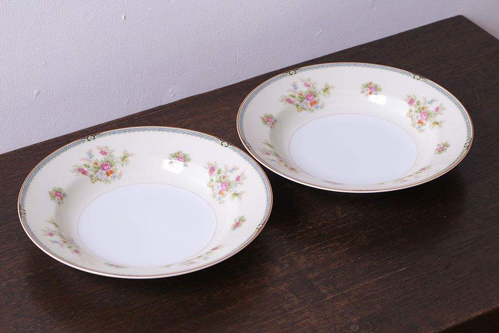 アンティーク雑貨　中古　ノリタケ(Noritake、則武)　可憐な花柄が魅力のスープ皿(洋食器)2枚セット(2)