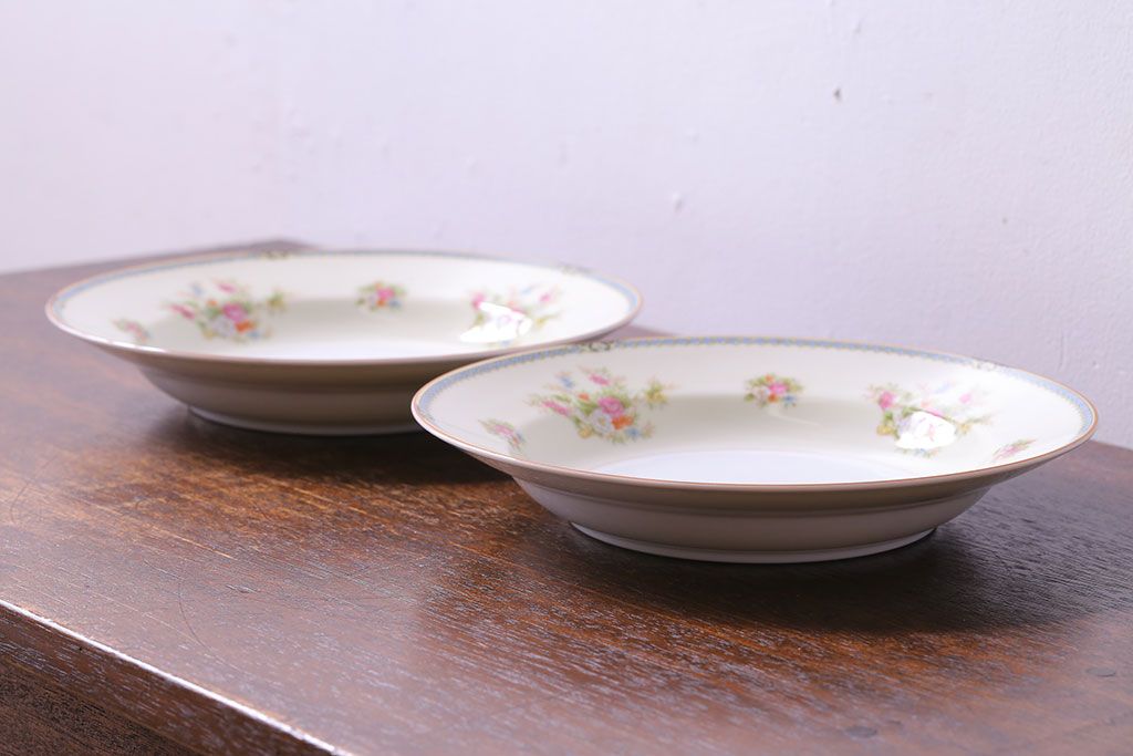 アンティーク雑貨　中古　ノリタケ(Noritake、則武)　可憐な花柄が魅力のスープ皿(洋食器)2枚セット(2)