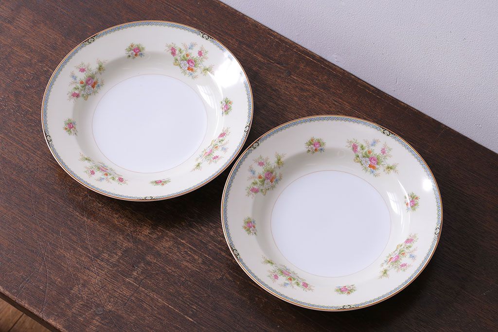 アンティーク雑貨　中古　ノリタケ(Noritake、則武)　可憐な花柄が魅力のスープ皿(洋食器)2枚セット(2)