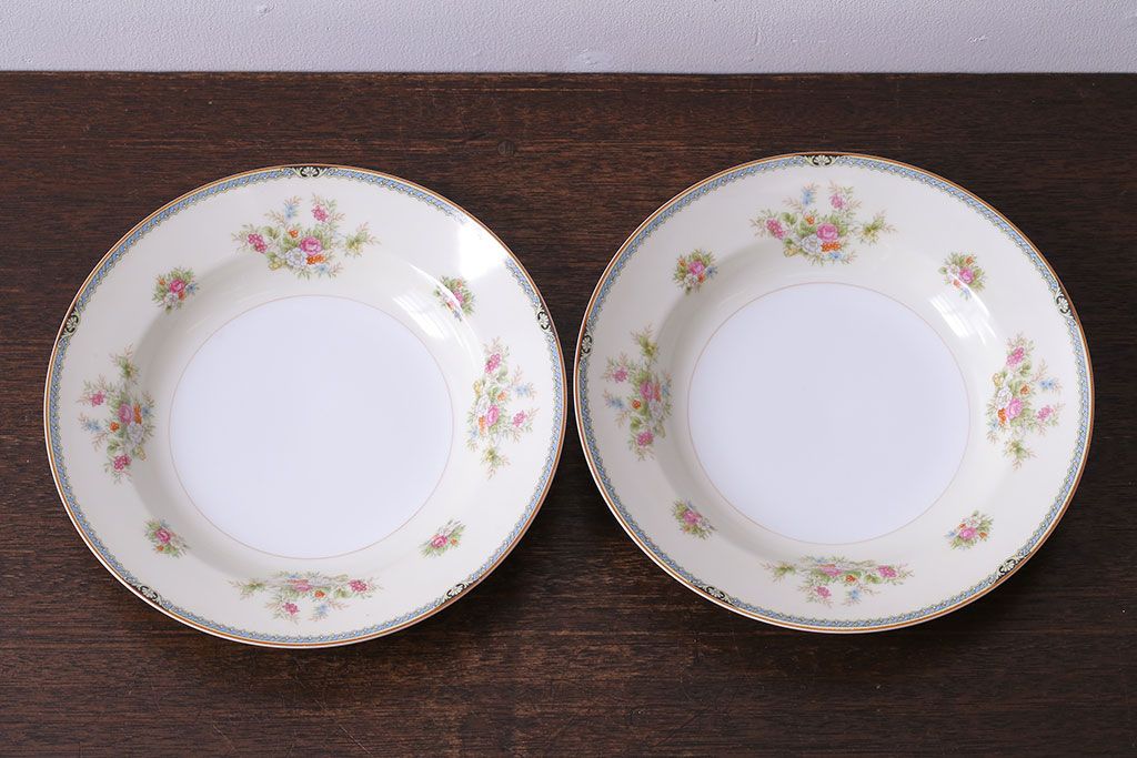 アンティーク雑貨　中古　ノリタケ(Noritake、則武)　可憐な花柄が魅力のスープ皿(洋食器)2枚セット(2)